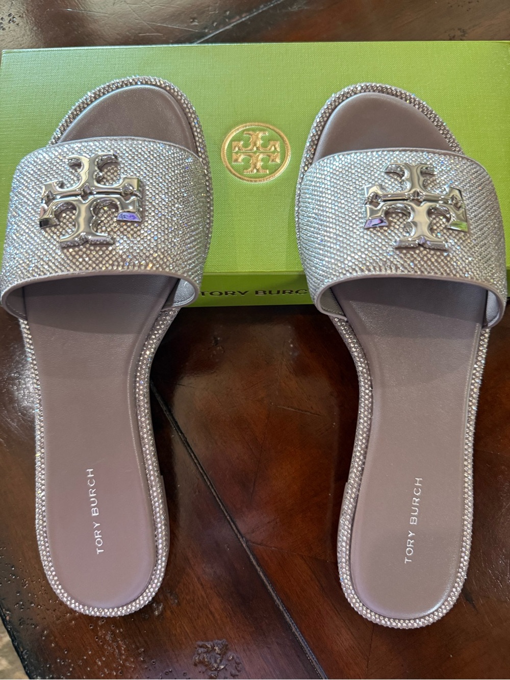 Tory Burch - Everly Pave Slides -Dark Clay / Taupe / Tan - Crystal Silver Size 9